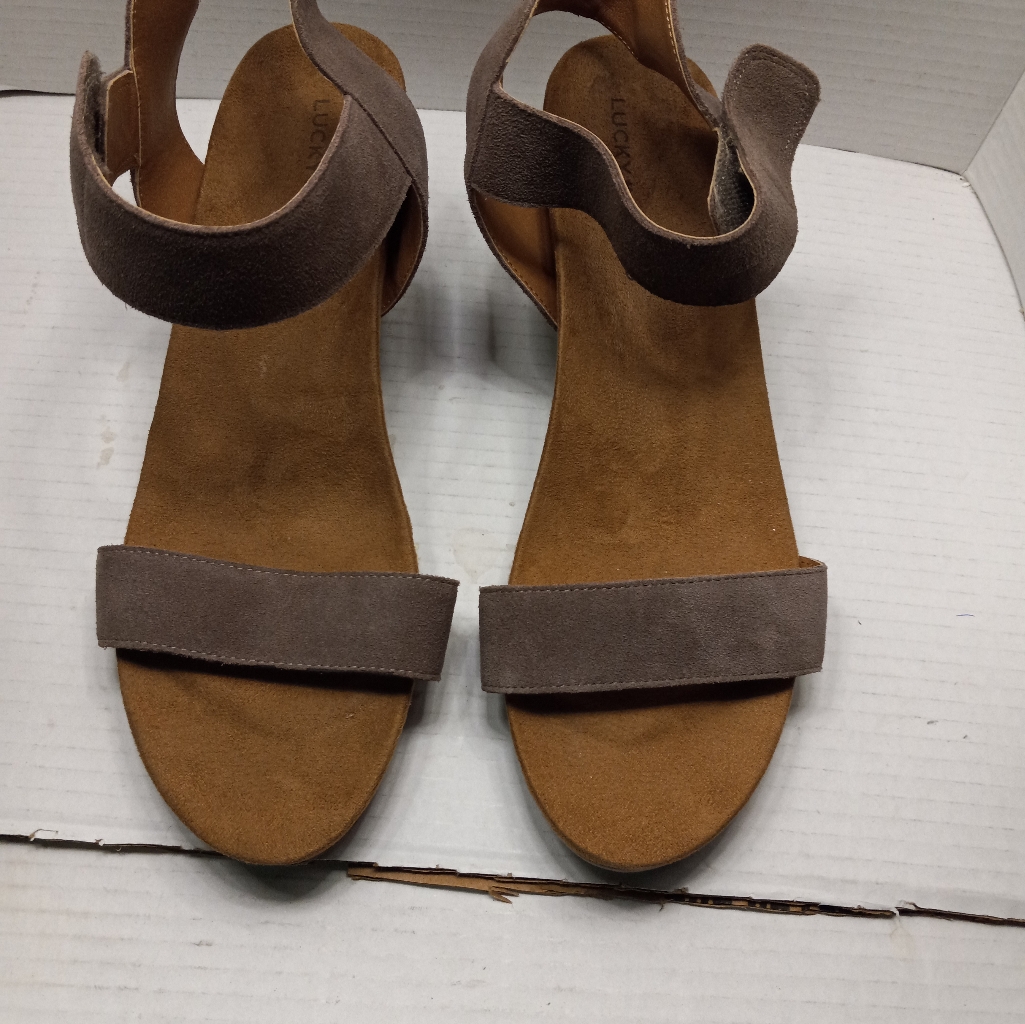 Lucky Brand Karlson Suede Taupe 11m43 Ankle Strappy Open Heeled Wedges